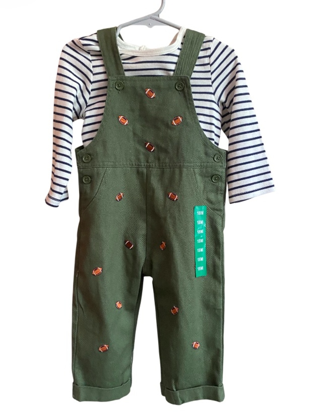 Little Me Olive Green Embroidered Football Overalls & Striped Tee NWT SZ 18mths